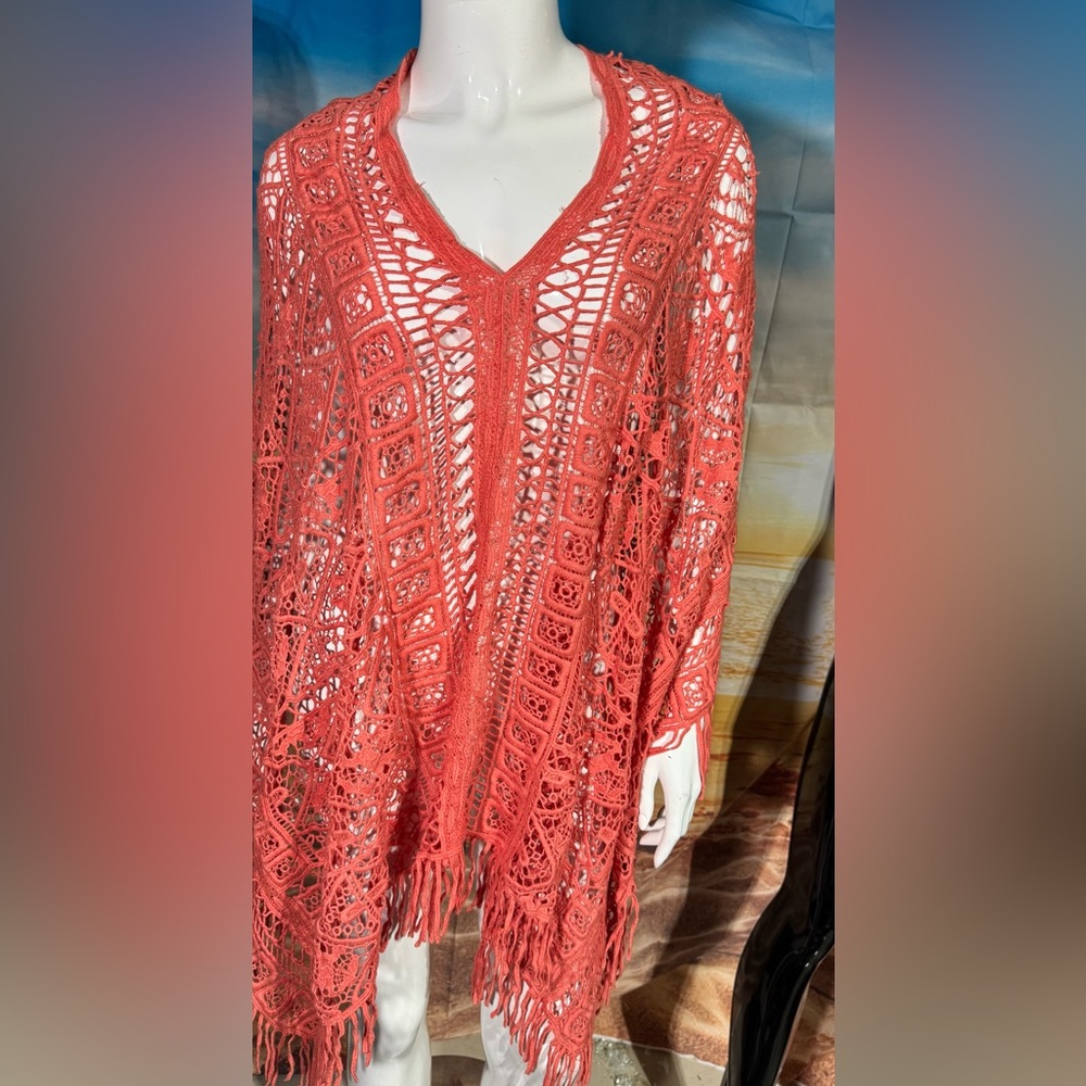 Crochet Fringe Poncho Sweater - Coral